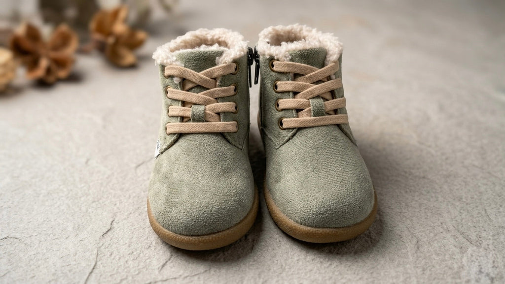 Olive toddler barefoot winter boots, pair view with laces and shearling cuffs