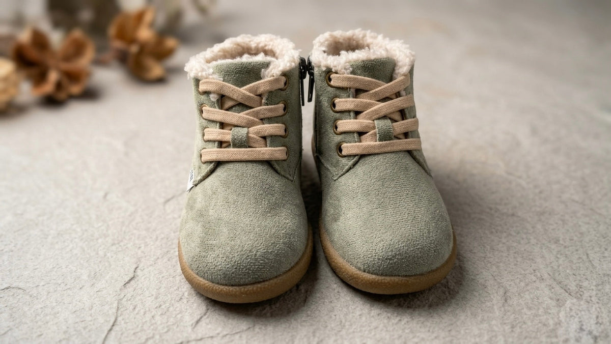 Olive toddler barefoot winter boots, pair view with laces and shearling cuffs