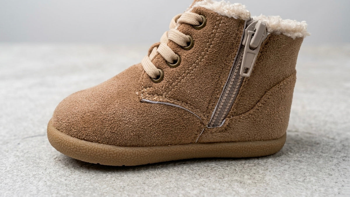 Tan toddler winter barefoot boots with side zipper and sherpa lining