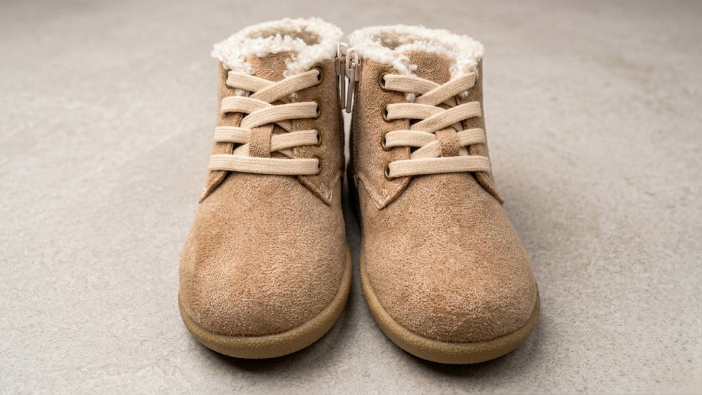 Tan toddler winter barefoot boots, two shoes facing front with lace-up and sherpa collar