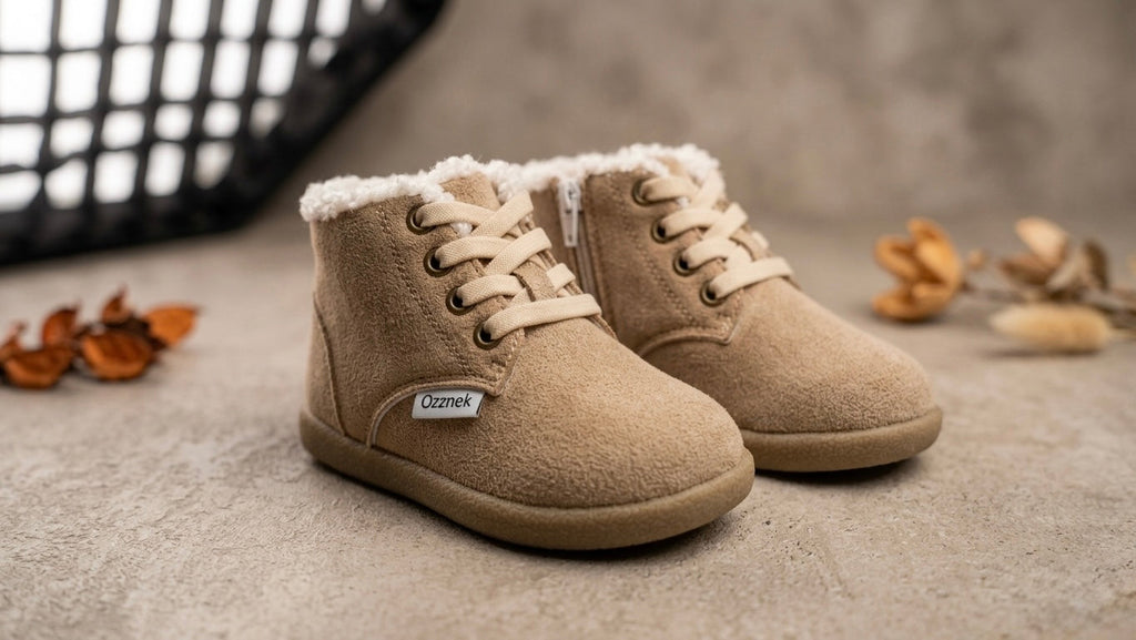 Pair of tan toddler barefoot winter boots with fur lining, laces, and side zip