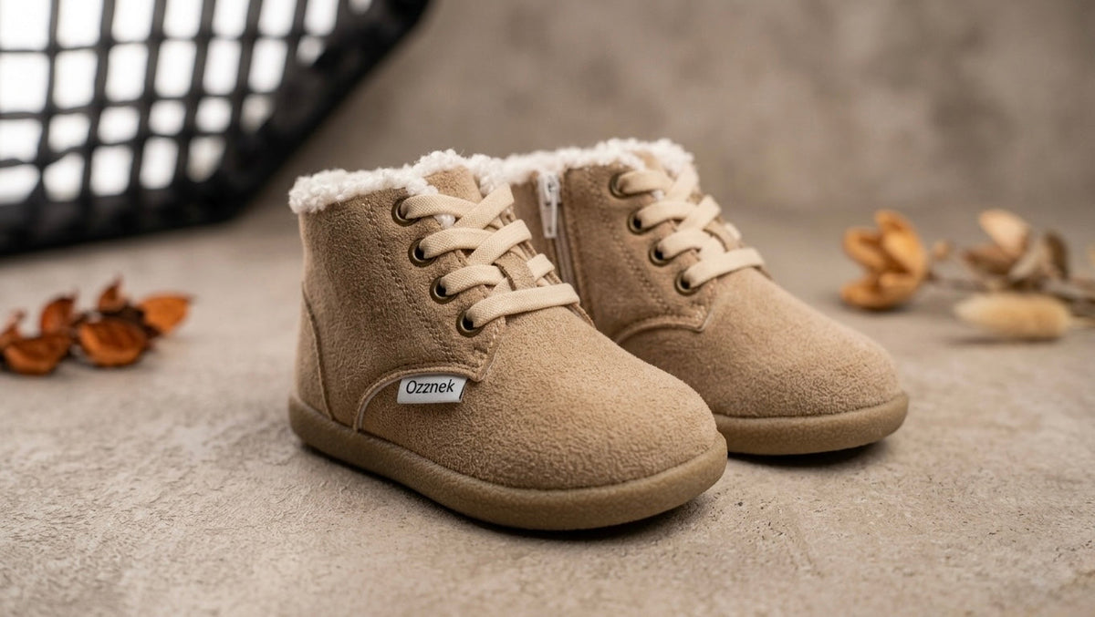 Pair of tan toddler barefoot winter boots with fur lining, laces, and side zip