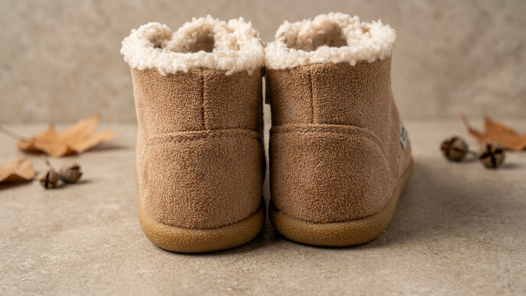 Tan toddler barefoot winter boots, back view with plush shearling cuffs