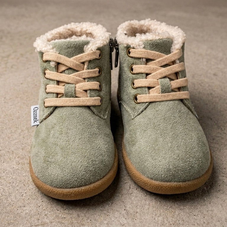 Olive toddler barefoot winter boots, front view with laces, shearling trim, side zip