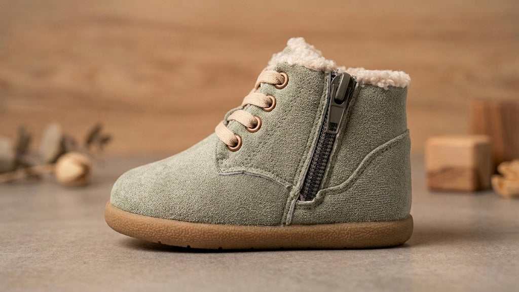 Olive toddler barefoot winter boot with lace-up top, shearling collar, and side zipper