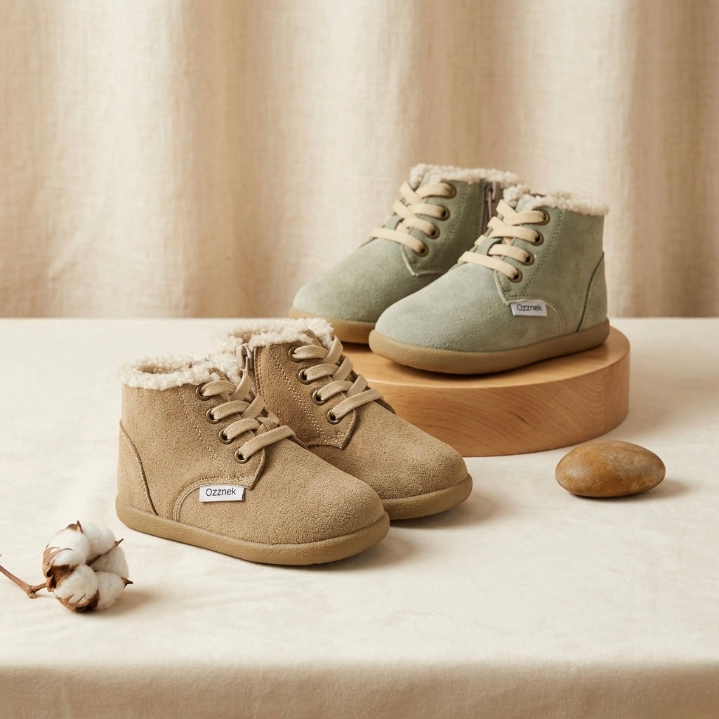 Pair of tan toddler winter barefoot boots on a wood stand, lace-up with sherpa lining
