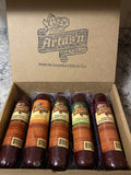 Smoked sausage gift box with five vacuum-sealed sausages in clear casings