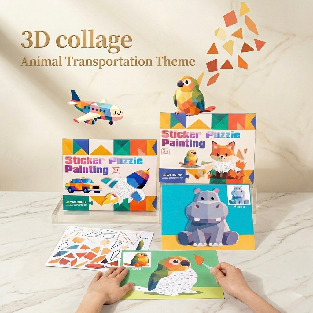 Animal sticker puzzle painting kit with 3D collage templates, box set, and sticker pieces