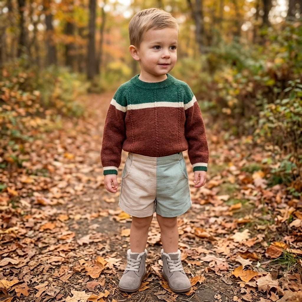 Kids brown sweater with green collar stripe and cream band across shoulders