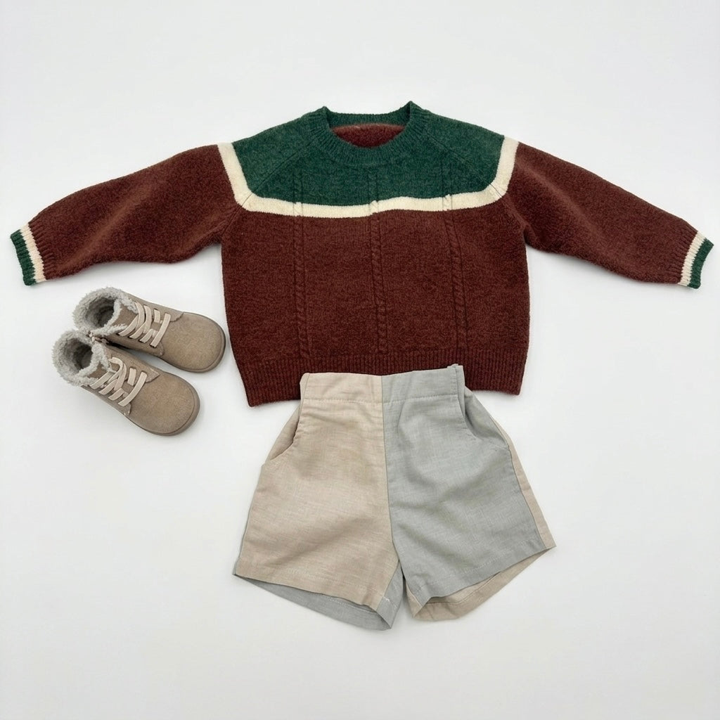 Kids brown merino sweater with green-and-cream striped yoke and sleeve cuffs
