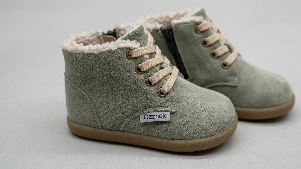 Olive toddler winter barefoot boots with lace-up style and sherpa-lined collar