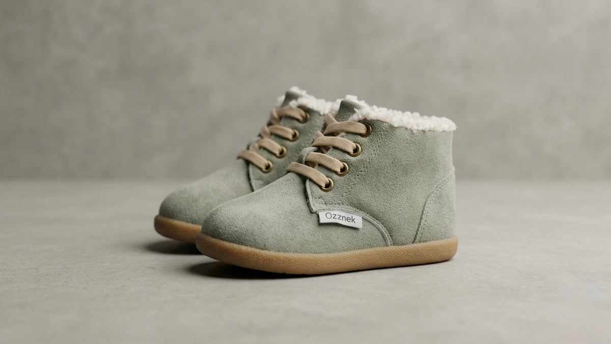 Olive toddler winter barefoot boots with side zipper, sherpa-lined collar, and laces