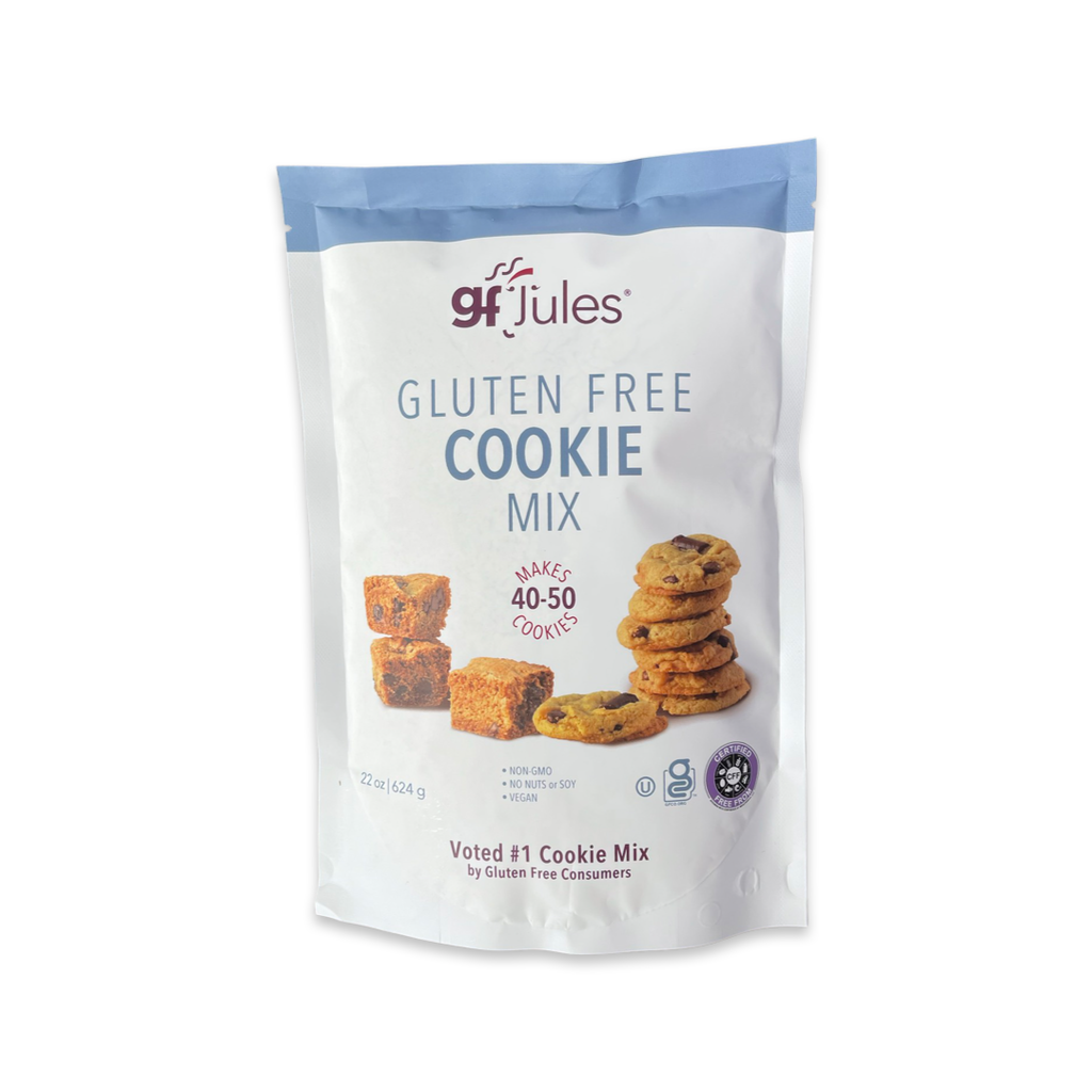 gfJules gluten free cookie mix pouch with cookie serving photo