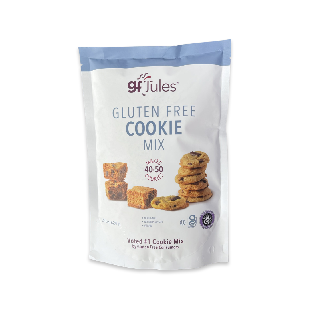 gfJules gluten free cookie mix pouch with cookie serving photo