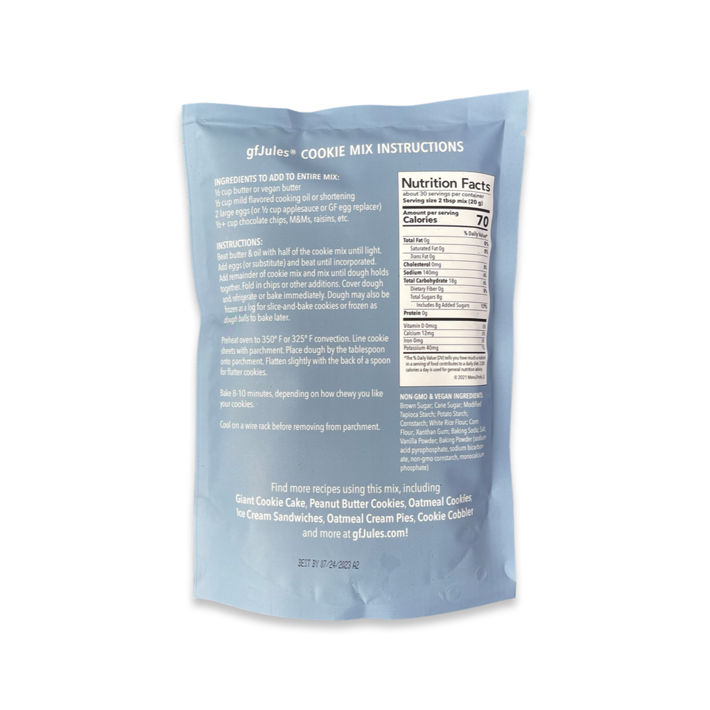 gfJules cookie mix pouch back with nutrition facts and instructions
