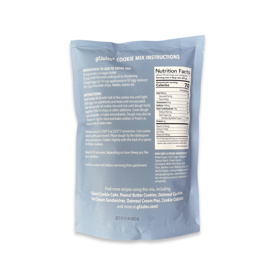 gfJules cookie mix pouch back with nutrition facts and instructions