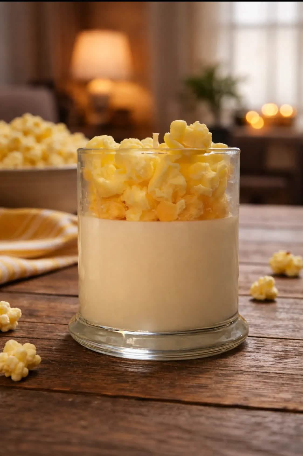 Popcorn-scented candle in clear glass jar filled with yellow wax popcorn pieces