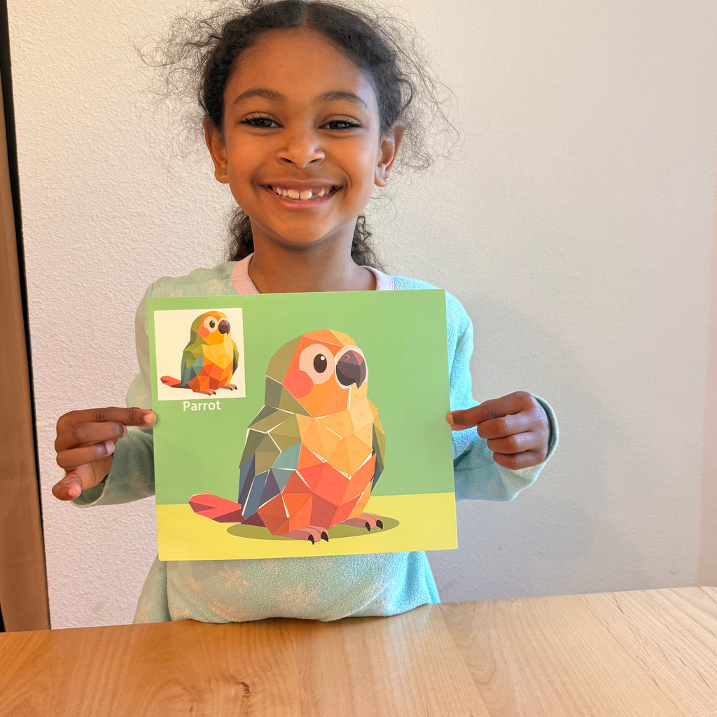 Kids sticker puzzle painting sheet with colorful parrot and toucan designs, held by child