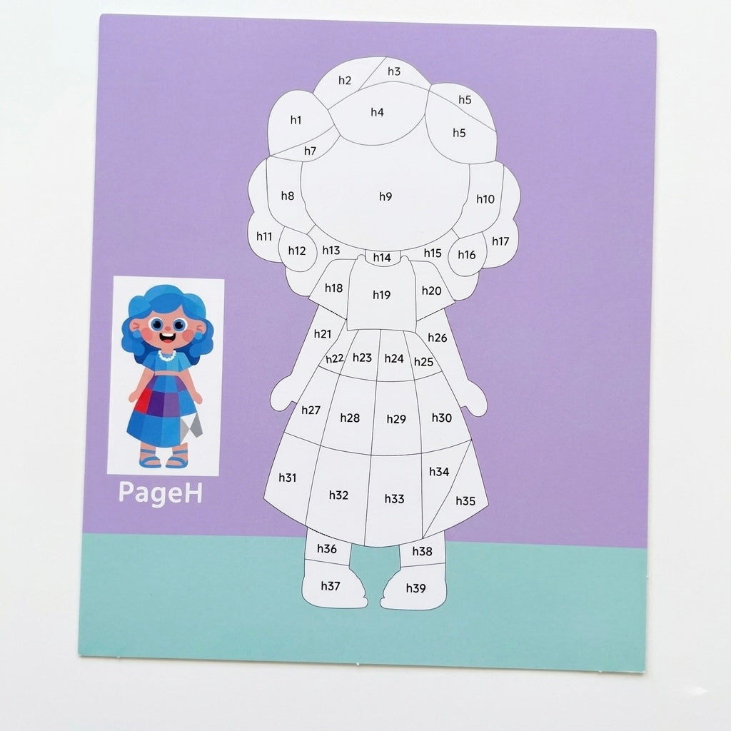 Sticker puzzle painting kit page with numbered animal-body outline and character reference card