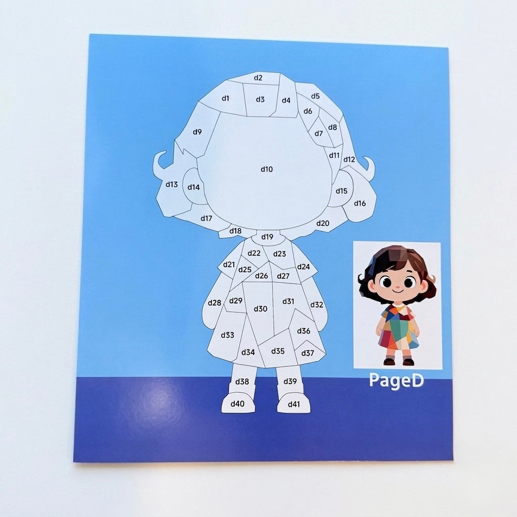 Sticker puzzle painting kit page with numbered animal-body outline and boy character reference