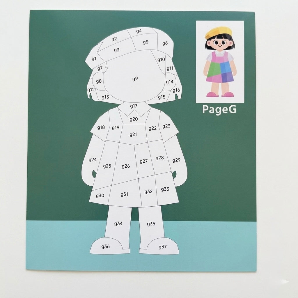Sticker puzzle painting kit page with numbered animal-body outline and girl character reference