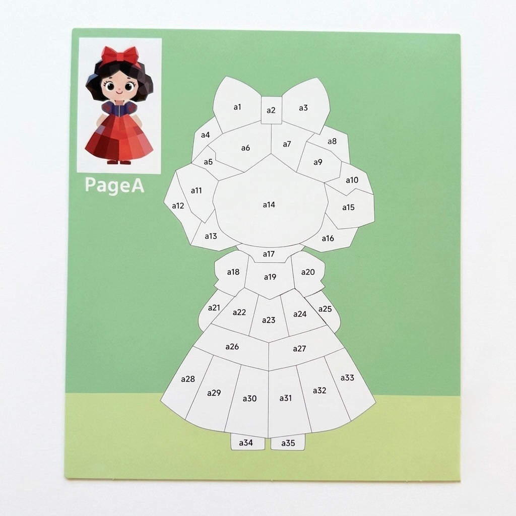 Sticker puzzle painting kit page with numbered girl body outline and character reference card