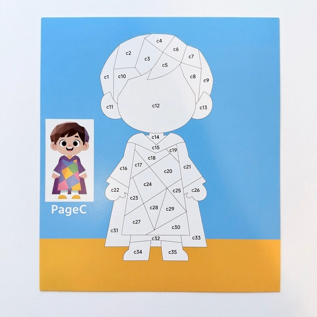 Sticker puzzle painting kit page with numbered animal-body outline and girl character reference