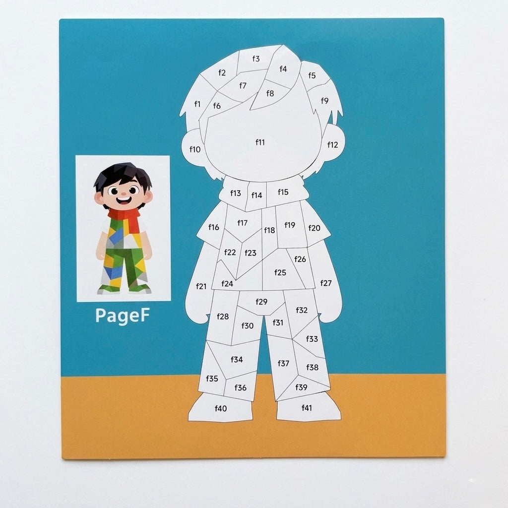 Sticker puzzle painting kit page with numbered animal-body outline and boy character reference