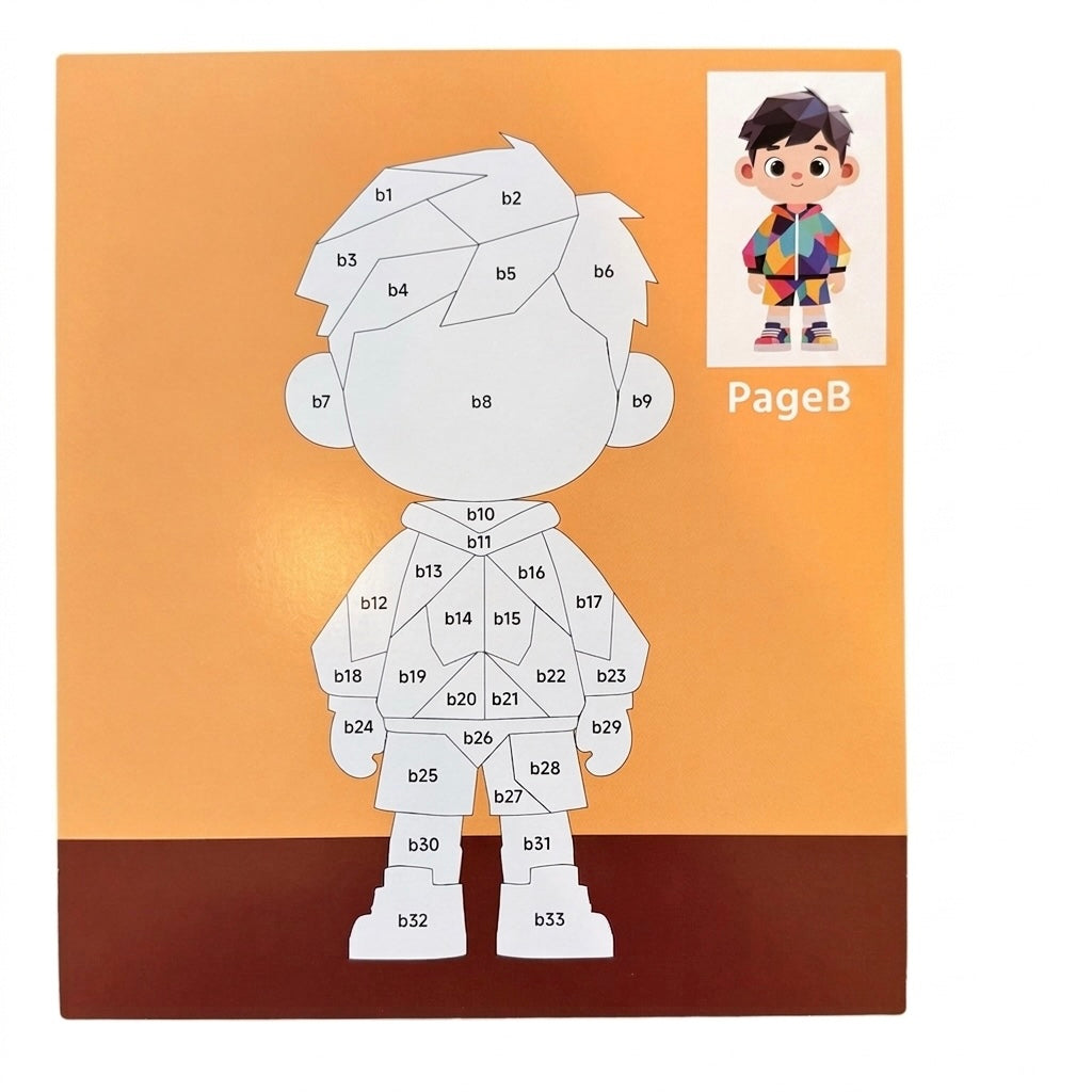 Sticker puzzle painting kit page with numbered animal-body outline and boy character reference