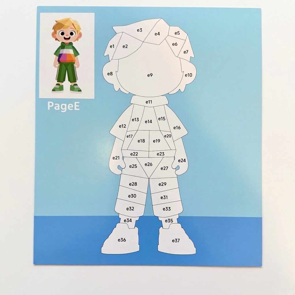 Sticker puzzle painting kit page with numbered animal-body outline and doll character reference