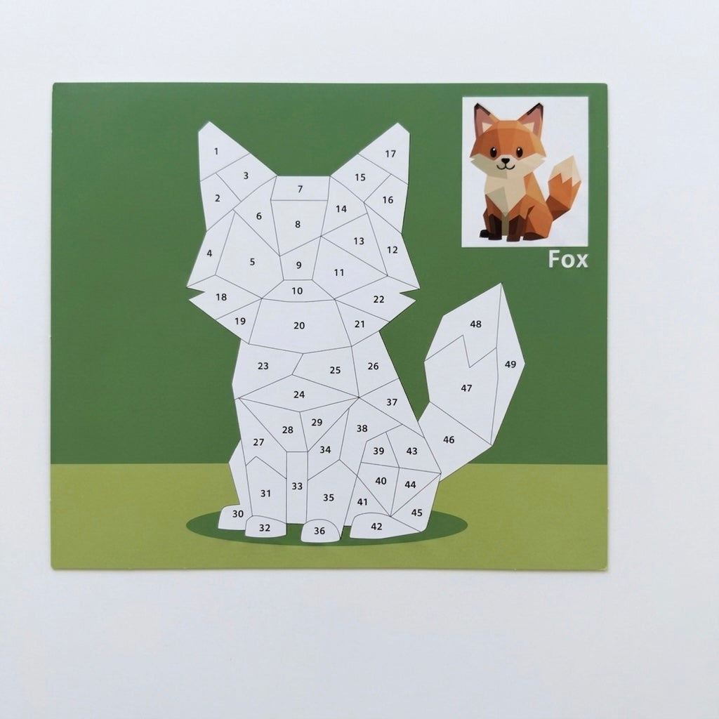 Kids animal sticker puzzle painting board with numbered fox pieces and fox sample
