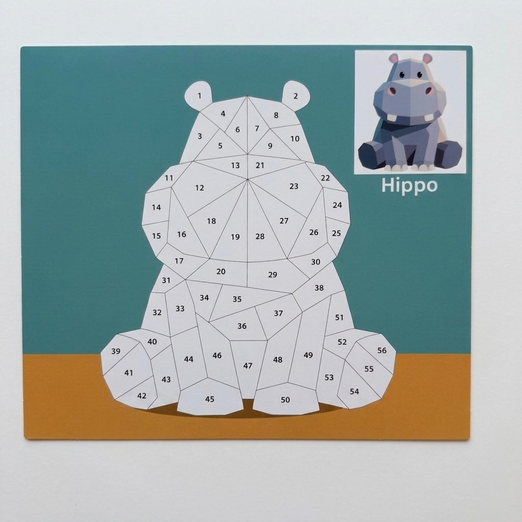Kids animal sticker puzzle painting board with numbered hippo pieces and hippo sample
