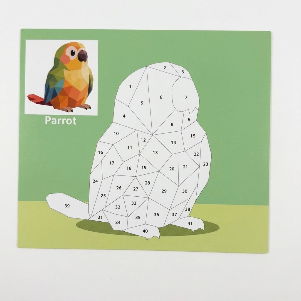 Kids animal sticker puzzle painting board with numbered parrot pieces and parrot sample
