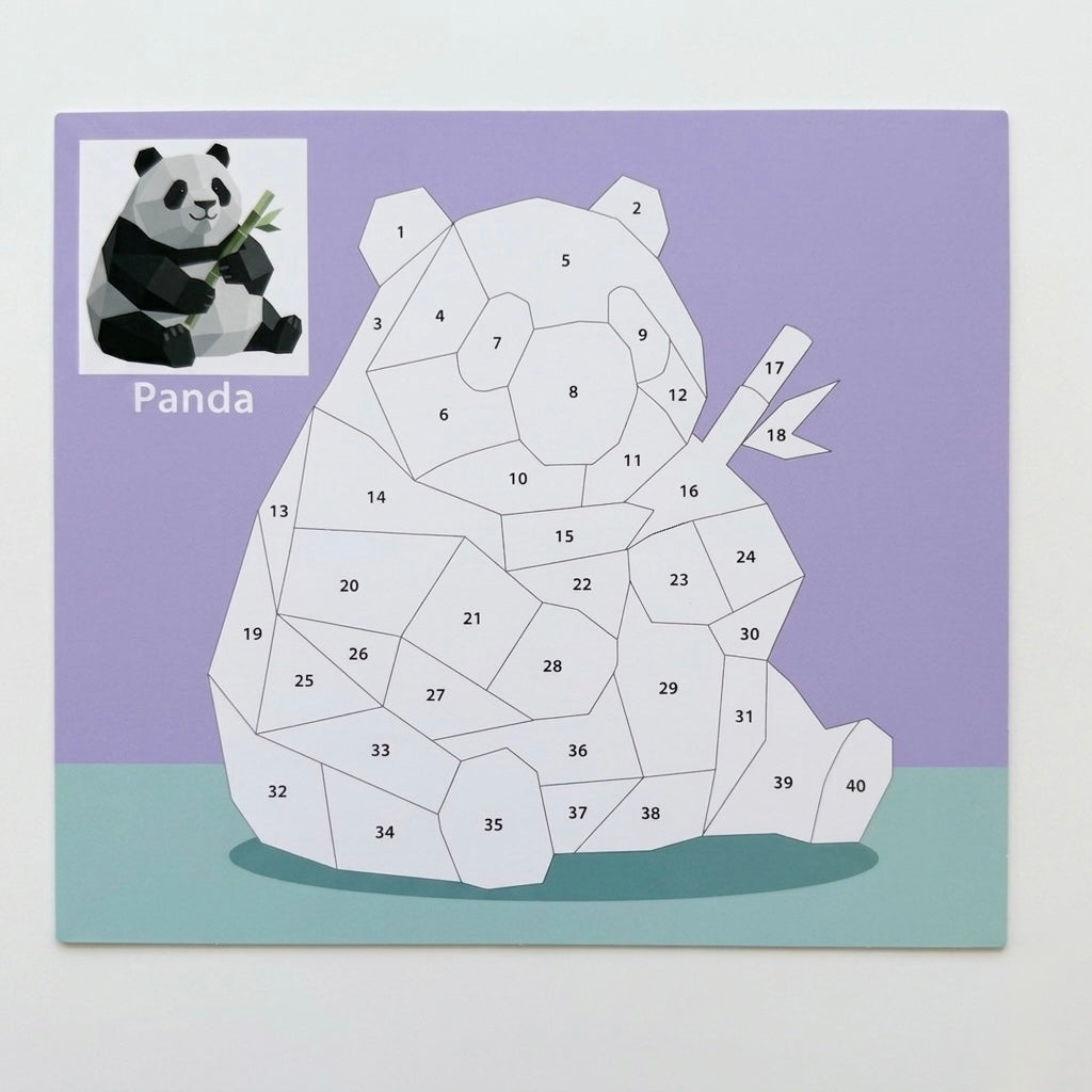 Kids animal sticker puzzle painting board with numbered panda pieces and panda sample