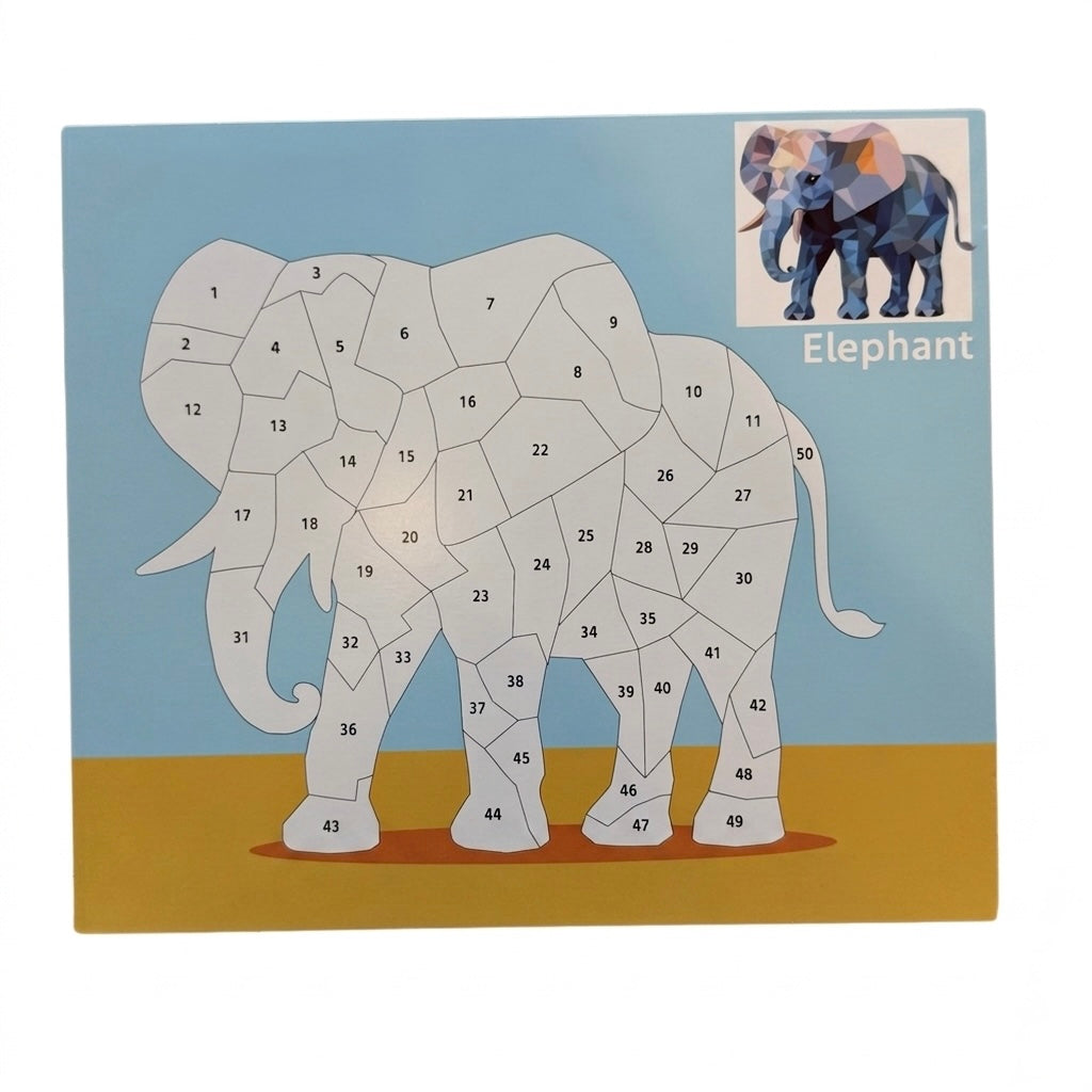 Kids animal sticker puzzle painting board with numbered elephant pieces and elephant sample
