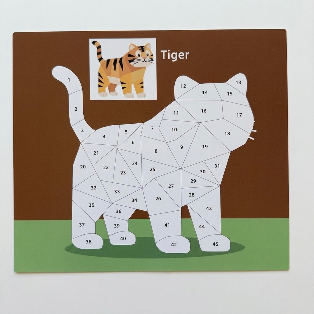 Kids animal sticker puzzle painting board with numbered tiger pieces and tiger sample