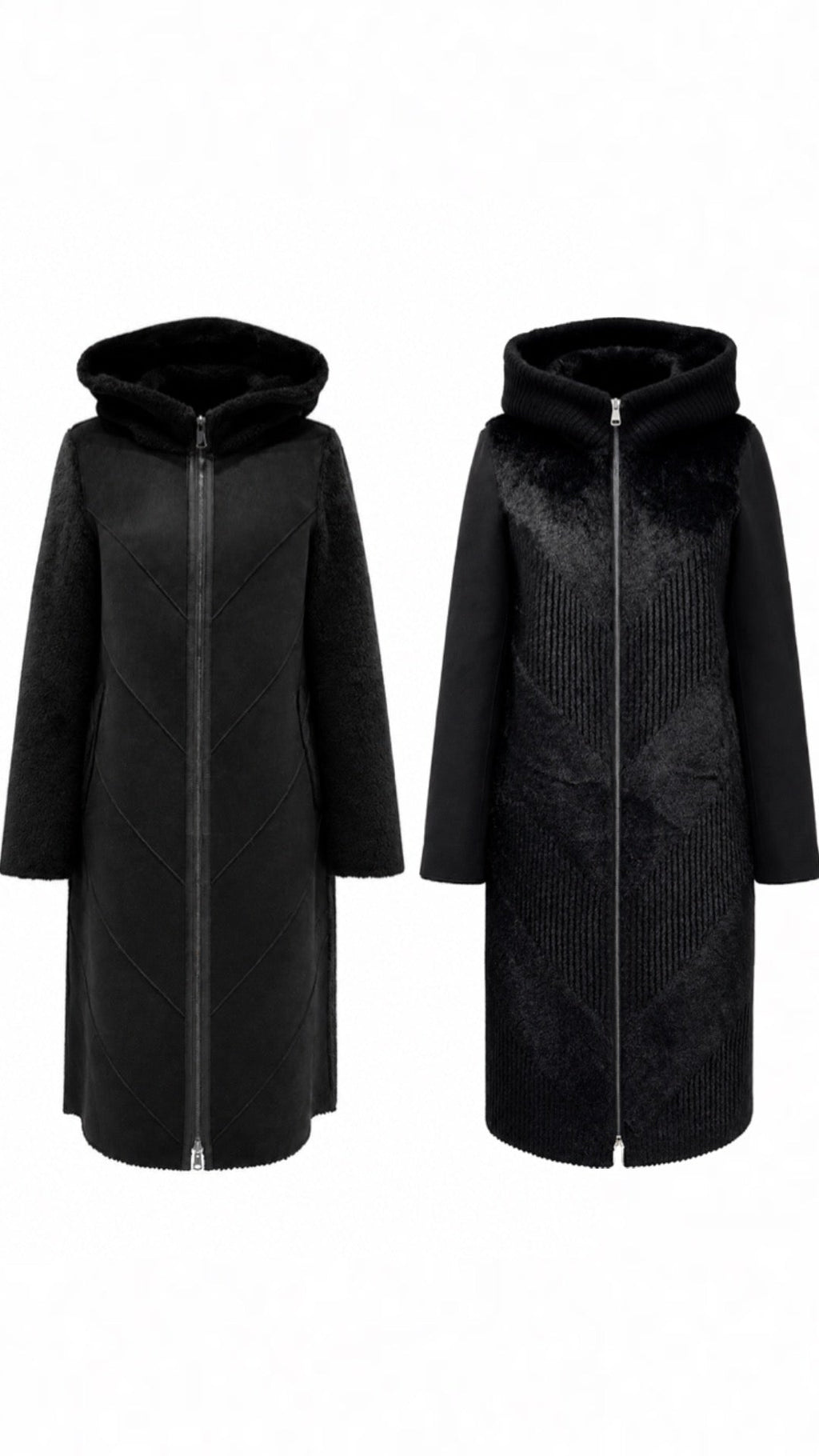 Black reversible faux fur hooded coat shown from front: left and right angles