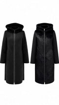 Black reversible faux fur hooded coat shown from front: left and right angles