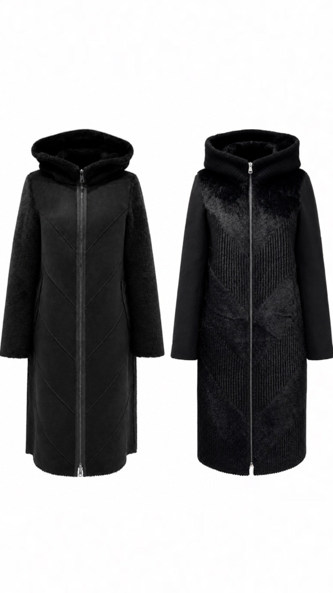 Black reversible faux fur hooded coat shown from front: left and right angles