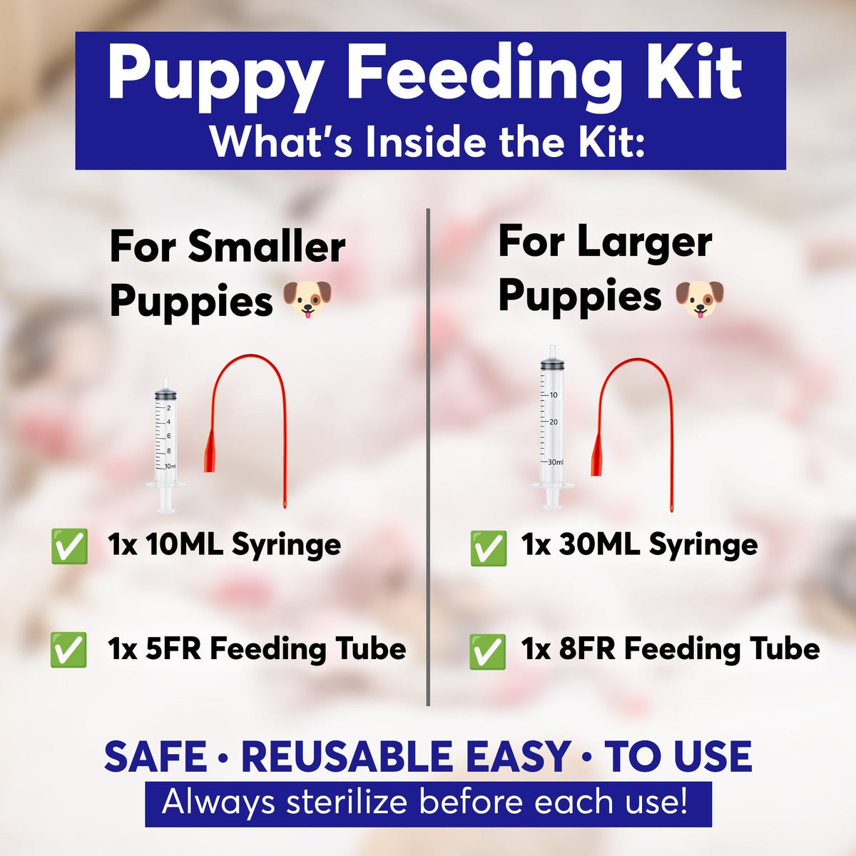 Puppy feeding kit diagram with syringes and red feeding tubes