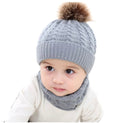 Kids knit beanie and infinity scarf, light gray with brown pom pom