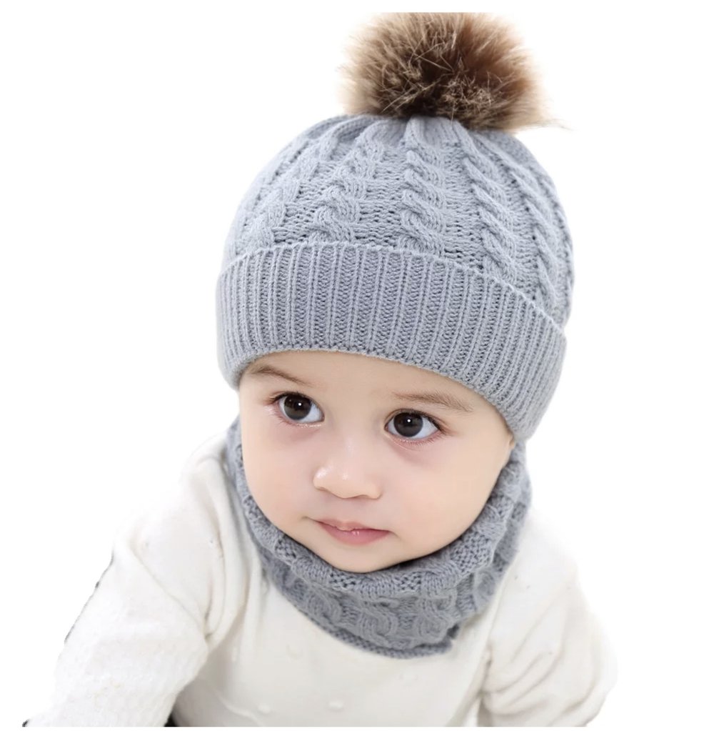 Kids knit beanie and infinity scarf, light gray with brown pom pom