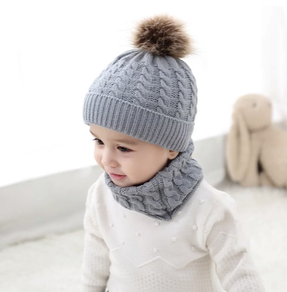 Kids knit beanie and scarf, light gray with brown pom pom