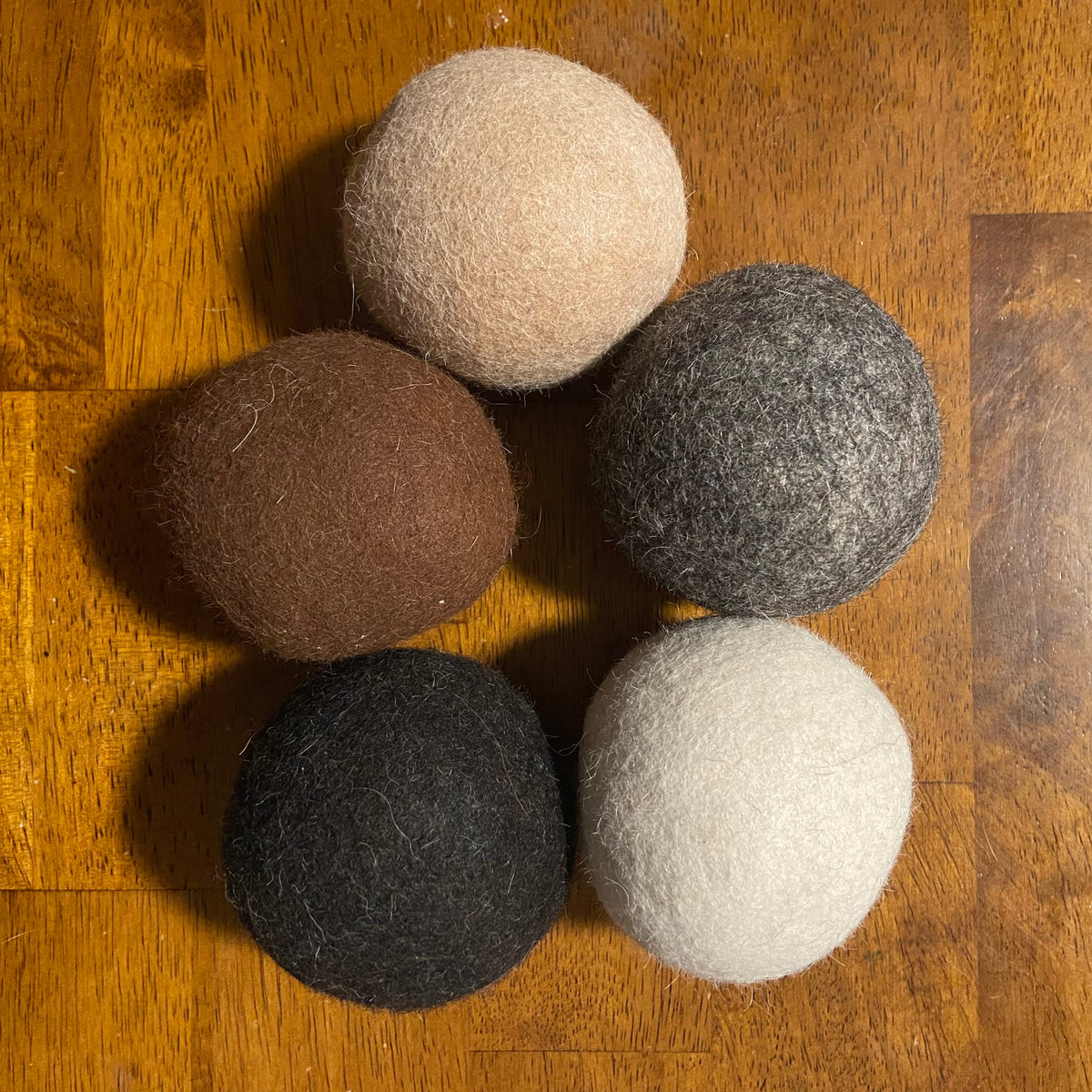 Alpaca wool dryer balls, mixed dark and neutral gray-brown tones