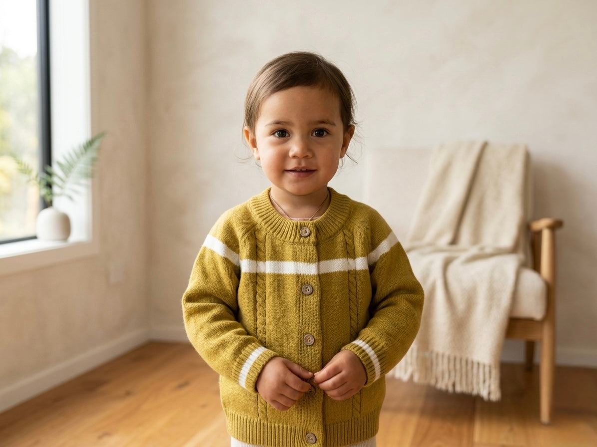 Kids wool cardigan in mustard yellow with white stripe bands and wooden-look buttons