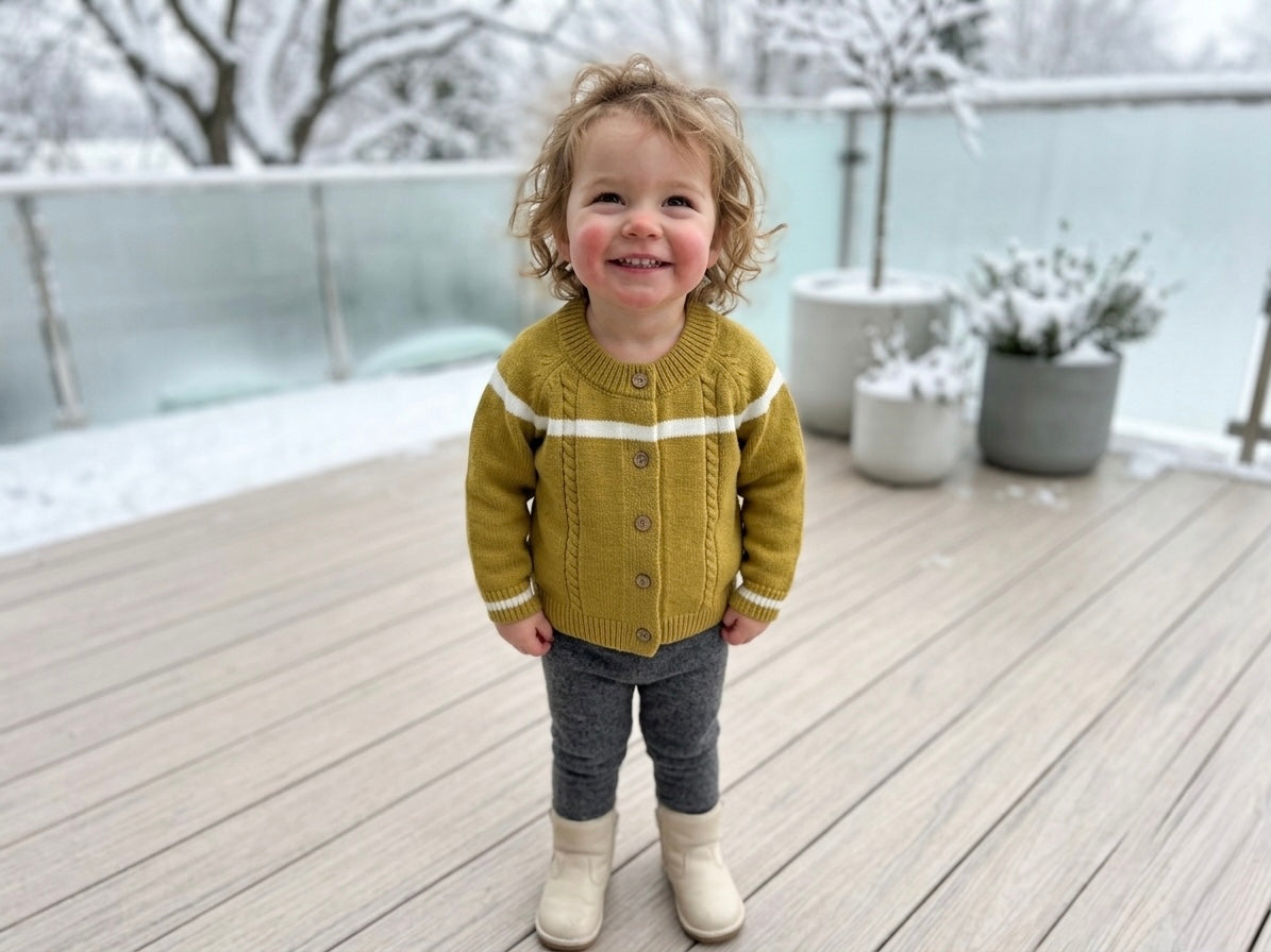 Kids mustard yellow wool cardigan with white stripe across chest and wooden-look buttons