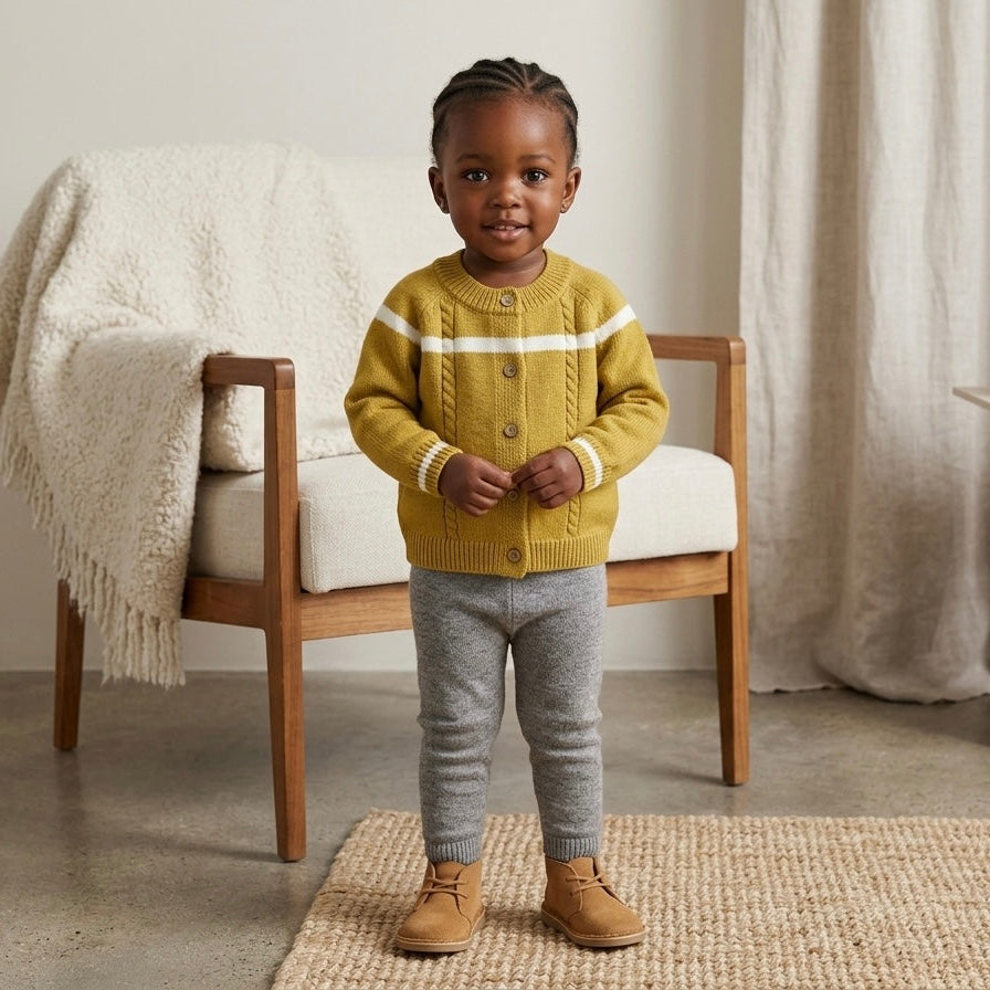 Kids mustard yellow cardigan with white stripe details and button-front, worn with gray pants