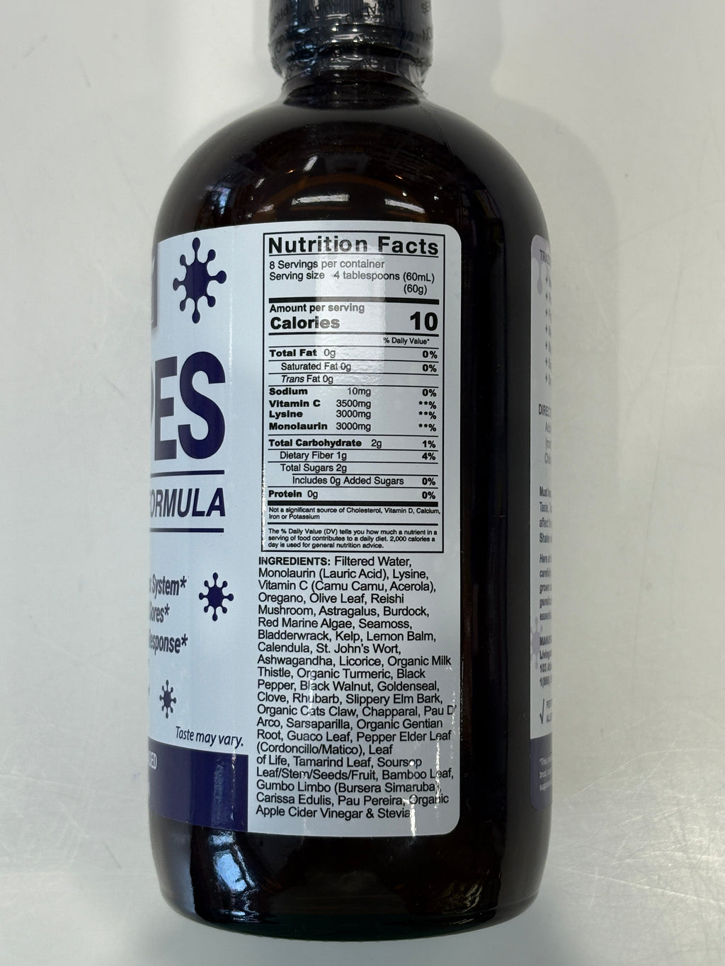 Supplement bottle showing the nutrition facts and ingredient panel on its label