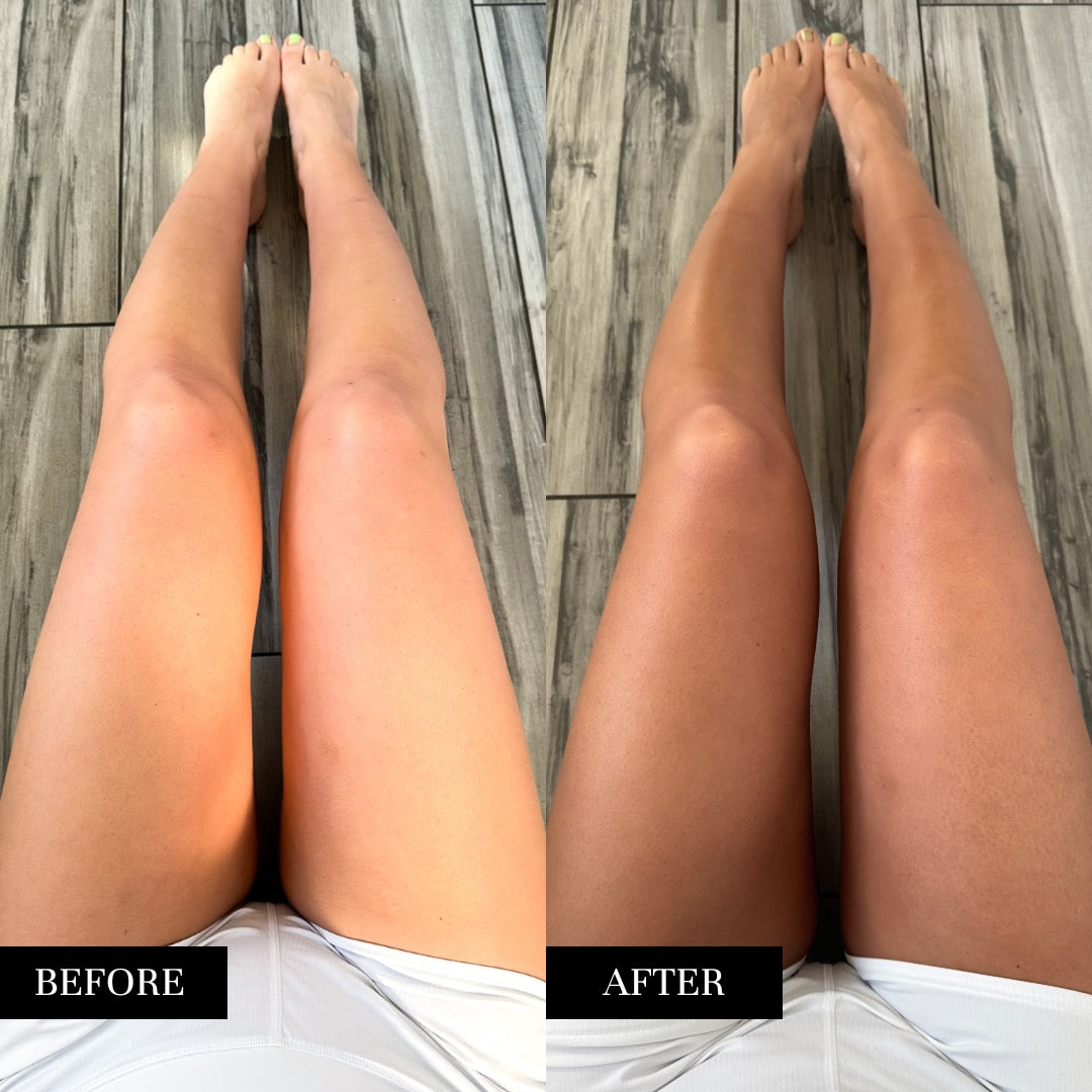 Before and after legs showing self-tanner results, lighter vs deeper tan