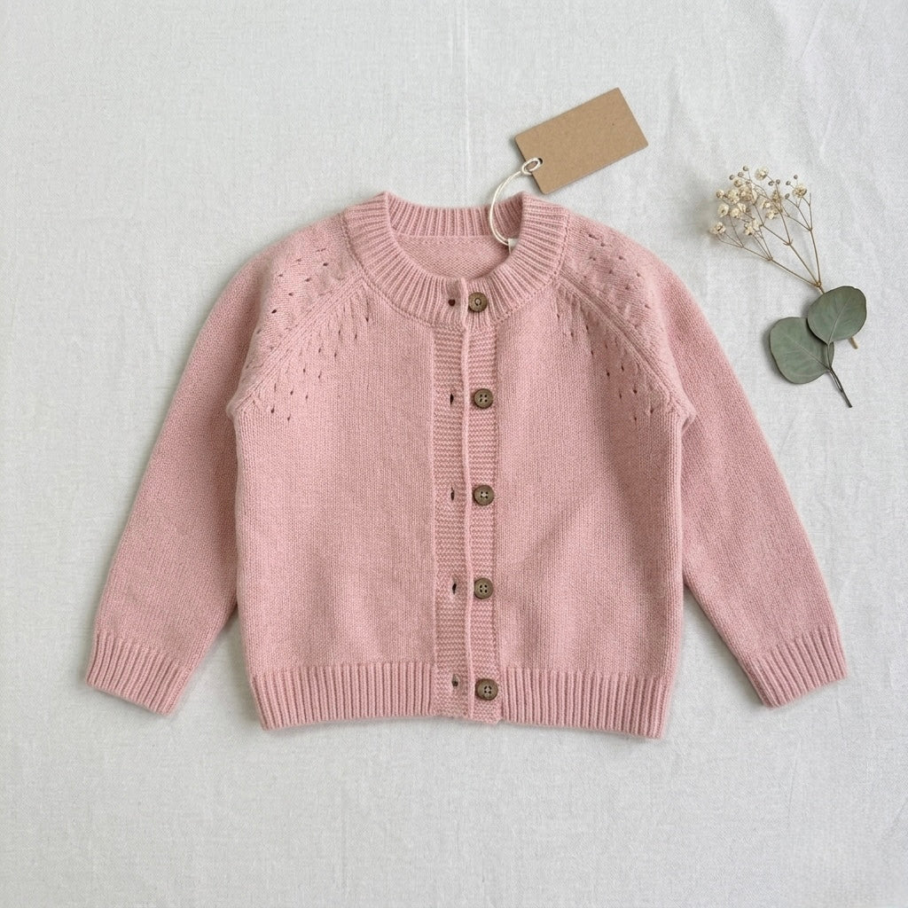 Kids' organic cotton cardigan in blush pink, button-front knit with ribbed hem